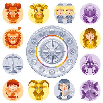 Zodiac signs icon set. Cute cartoon characters. Abstract template Aries, Leo, Sagittarius, Taurus, Virgo, Capricorn, Gemini, Libra, Aquarius, Cancer, Scorpio, Pisces vector icons. Four elements color