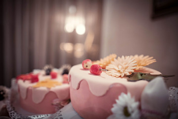 colored cake with apples cooked for couple