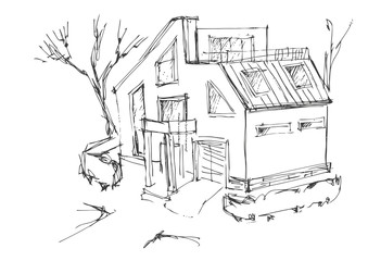 a rough sketch of a modern home. Sketch of the cottage in the country.