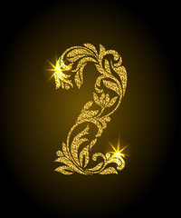 Fototapeta premium 2. Decorative Font with swirls and floral elements. Ornate decorated digit two with golden glitter