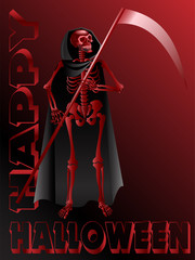 Human skeleton with a scythe ,Happy Halloween.In black on a red gradient background.For Wallpapers ,postcards,posters and so on.Vector illustration.