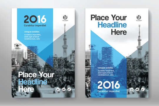 Blue Color Scheme with City Background Business Book Cover Design Template in A4. Easy to adapt to Brochure, Annual Report, Magazine, Poster, Corporate Presentation, Portfolio, Flyer, Banner, Website