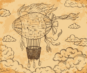 Naklejka premium Vintage airship with ribbon and clouds on aged paper background. Cartoon steampunk styled flying airship. Retro vector hand drawn illustration.