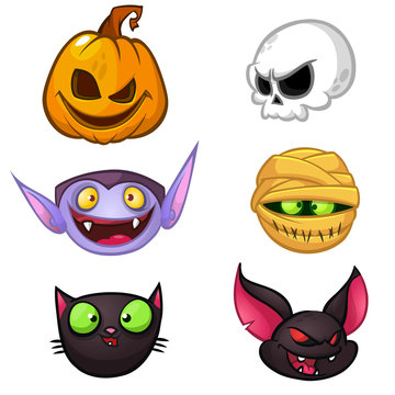Halloween characters icon set. Cartoon heads of pumpkin, death, vampire, mummy, witch cat, bat
