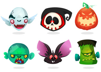 Halloween characters icon set. Cartoon heads of grim reaper,black bat, pumpkin Jack o lntern, zombie, vampire.