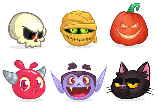 Halloween characters icon set. Cartoon heads of skull, mummy, pumpkin head, pink monster, vampire, witch cat