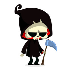 Vector illustration of cartoon death Halloween monster mascot isolated on dark background. Cute cartoon grim reaper 