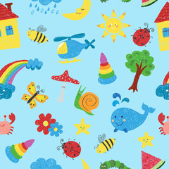 Kids colorful drawings seamless pattern. Vector colorful background.