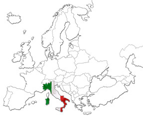 The national Italy flag in the map of Europe isolated on white background.