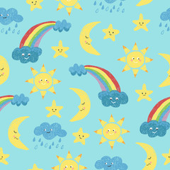 Fototapeta na wymiar Children drawings seamless pattern. Vector background with doodle sun, moon, clouds and rainbow.
