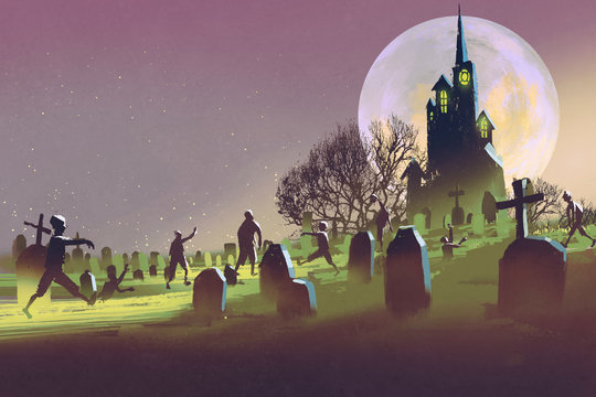 spooky castle,Halloween concept,cemetery with zombies at night,illustration painting