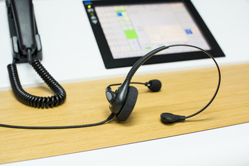 Headset with microphone , phone , lcd monitor  - controller or call center concept