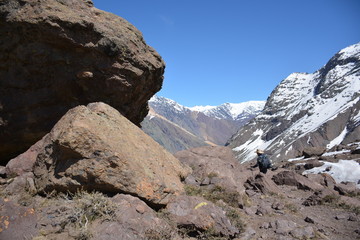 Landscape of mountains, volcano, glacier, snow, valley in Chile