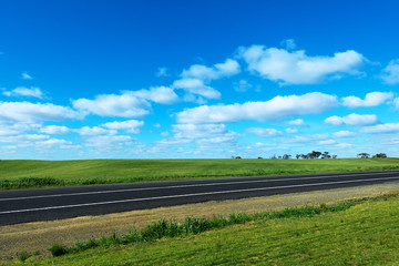 Green meadow with asphalt road and blue sky