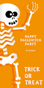 Holiday background. Title Happy Halloween party Trick or Treat and skeleton. Concept for design banner, flyer, poster. Vector illustration in flat or kids paper applique style