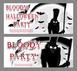 Halloween banner: death, bats, scary scythe and bloody text in cartoon style on  background big moon. Concept design for banner, poster, invitation or ticket on party. Vector illustration