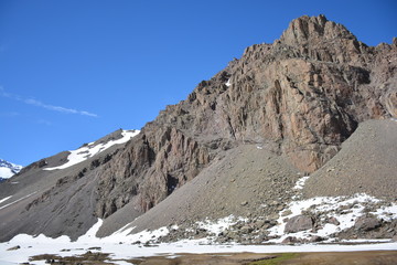 Landscape of mountains, volcano, glacier, snow, valley in Chile