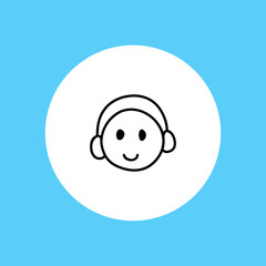 Webinar icon. Symbol of happy listening person with headphones. Smiling face