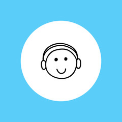 Webinar icon. Symbol of happy listening person with headphones. Smiling face