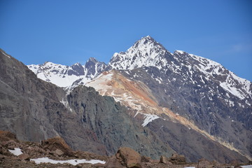 Landscape of mountains, volcano, glacier, snow, valley in Chile