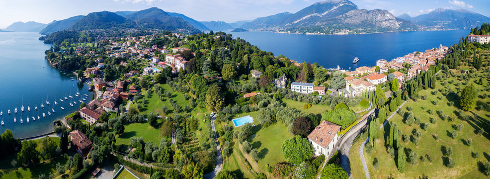 Lago di Como (IT) - Vista aerea di Pescallo a sx - Bellagio al centro e Villa Serbelloni con Parco a dx - sul fondo Isola Comacina