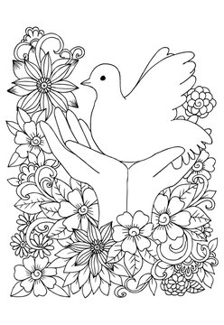 Pigeon on hands and flowers