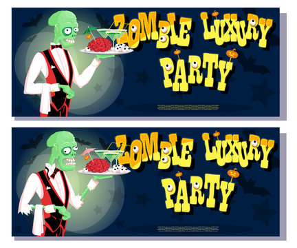 Set of banners for halloween holiday party with cute elegant zombie waiter drawing in funny cartoon retro style. Concept design poster or card. Vector illustration isolated on white background.
