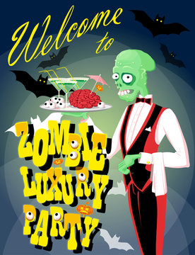 Halloween background: funny zombie waiter with cocktail and brain. Cartoon style. Design poster, banner, flyer or holiday card. Vector illustration