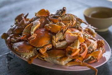 Boiled, steamed the fresh crabs, selective focus..
