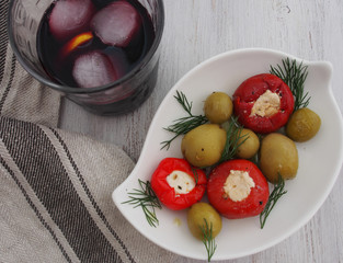 Mediterranean classics ripe Spanish green olives and peppers and cheese