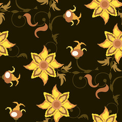 Dark brown seamless pattern with yellow flowers