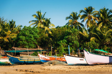 Obraz na płótnie Canvas Wooden fishing boats on Morjim beach, North Goa, India