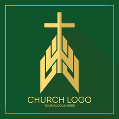 Church logo. Christian symbols. Stylish cross of Jesus Christ among graphic vector elements.