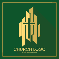 Church logo. Christian symbols. Stylish cross of Jesus Christ among graphic vector elements.