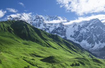 Fototapeta na wymiar Mountain landscape with emerald slopes on the foreground and steep alpine peaks on the background
