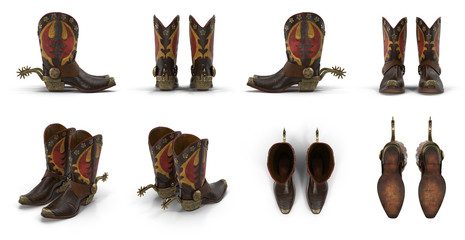 Wild west leather cowboy boots with spurs isolated on white 3d Illustration - obrazy, fototapety, plakaty