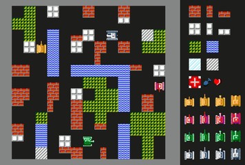 Retro video game.  User interface with tanks, terrain and obstacles . Vector illustration