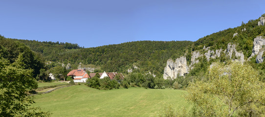 glade with some houses on Donau river near Thiergarten, Germany