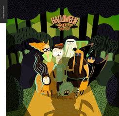 Halloween Party greeting card with lettering. Vector cartoon illustrated group of kids wearing Halloween costumes and a dog, standing in court in front of opened door, scared by old lady with scythe.