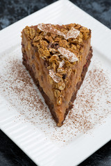 piece of chocolate caramel cake on a plate, vertical