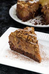 piece of chocolate caramel cake on a white plate, vertical