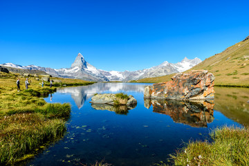 Stellisee - beautiful lake with reflection of Matterhorn - Zermatt, Switzerland - obrazy, fototapety, plakaty