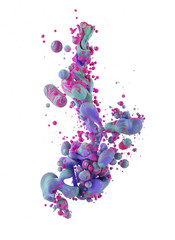 A macro shot of ink Colors mixing under water forming interesting accidental liquid sculptures. Bubbles of color isolated on white background.