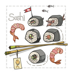Sushi set with chopsticks on white background. Asian food. Vector illustration.