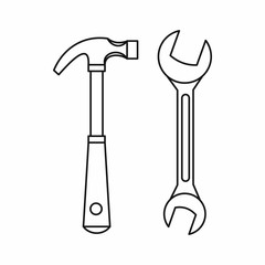 Hammer and wrench icon in outline style on a white background vector illustration