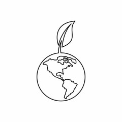 Globe with leaf icon in outline style on a white background vector illustration