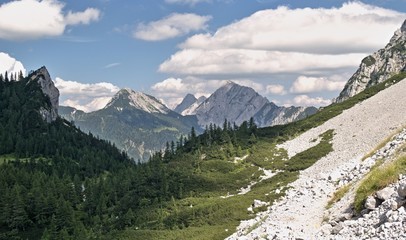 Fototapeta na wymiar Sija saddle from hillside of Veliki Vrh in Karawanken mountains in Slovenia