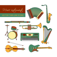 Vector color thin line icons with different music instruments