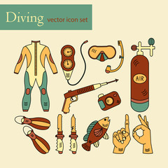 Vector line icons with diving equipment.