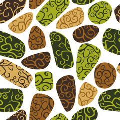 Seamless pattern of green and brown stones with tracery on a white background